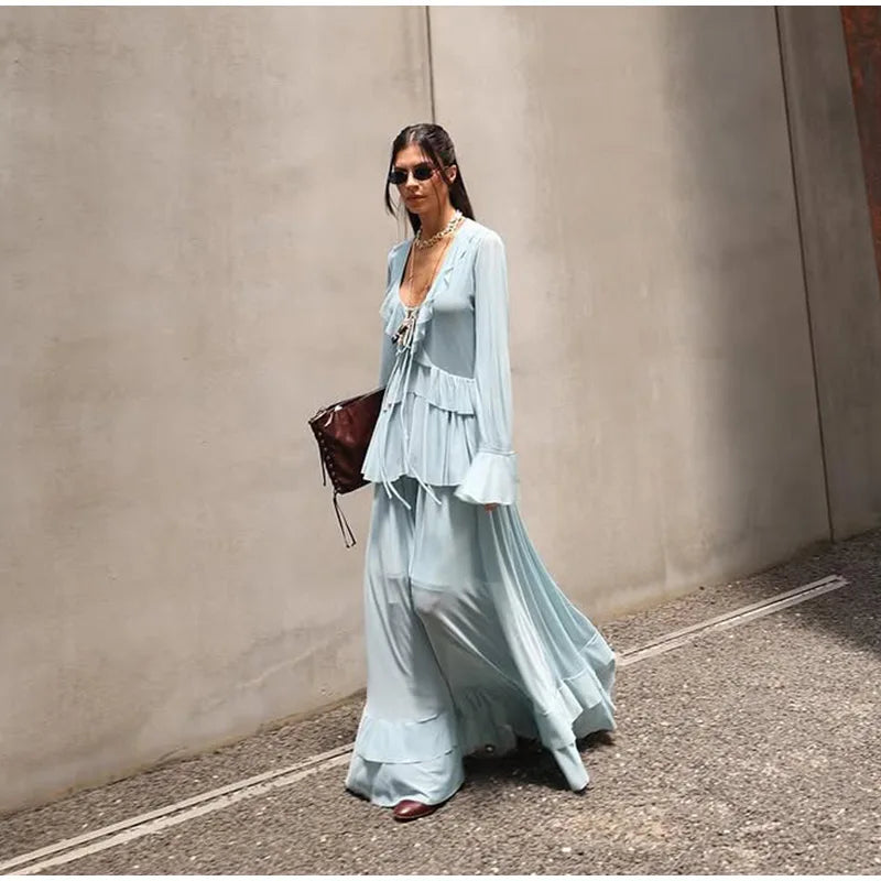 Elegante babados hem azul vestido longo moda feminina alargamento manga cheia decote em v rendas até vestidos midi verão 2025 casual férias robes