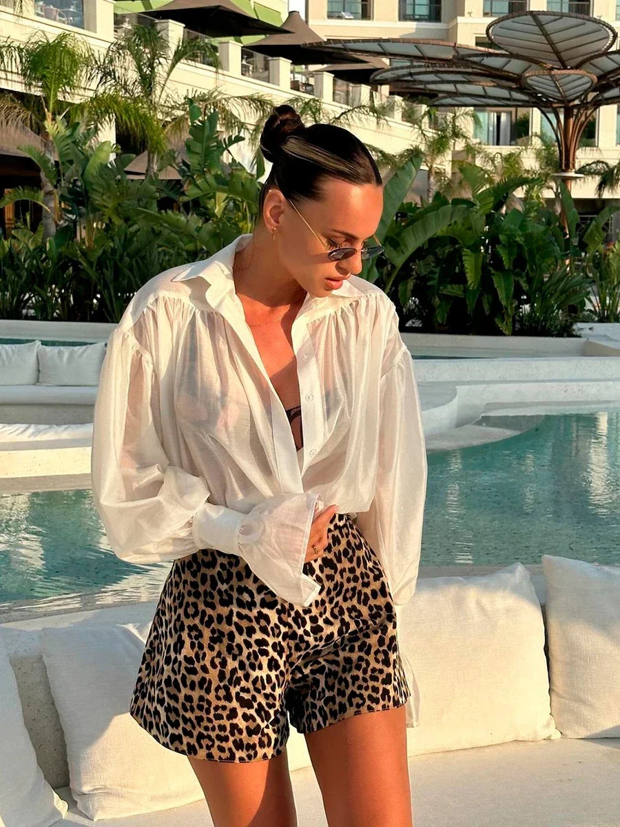 Shorts Femininos de Algodão com Estampa de Leopardo