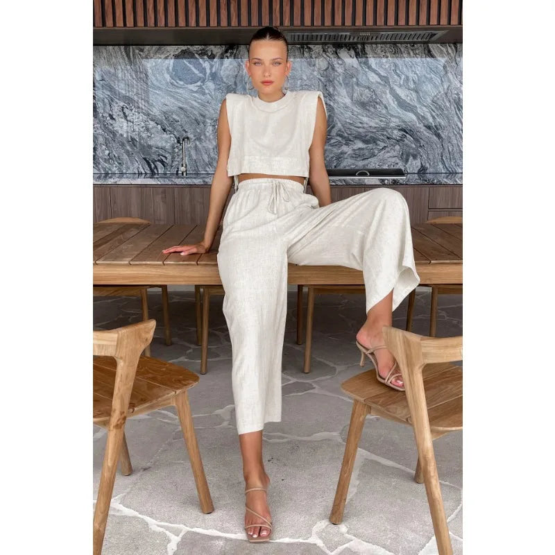 Fatos longos de linho e algodão de duas peças para mulheres, tops com cordões, cintura elástica solta, moda cáqui, férias de verão, 2024