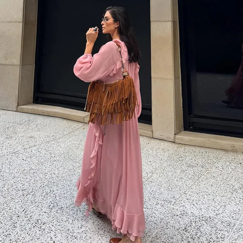 Vestido Longo de babados Rosa Boho