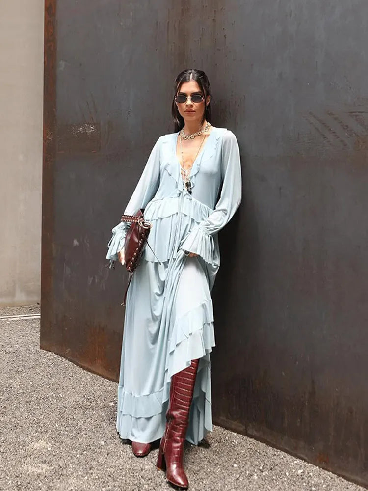 Elegante babados hem azul vestido longo moda feminina alargamento manga cheia decote em v rendas até vestidos midi verão 2025 casual férias robes