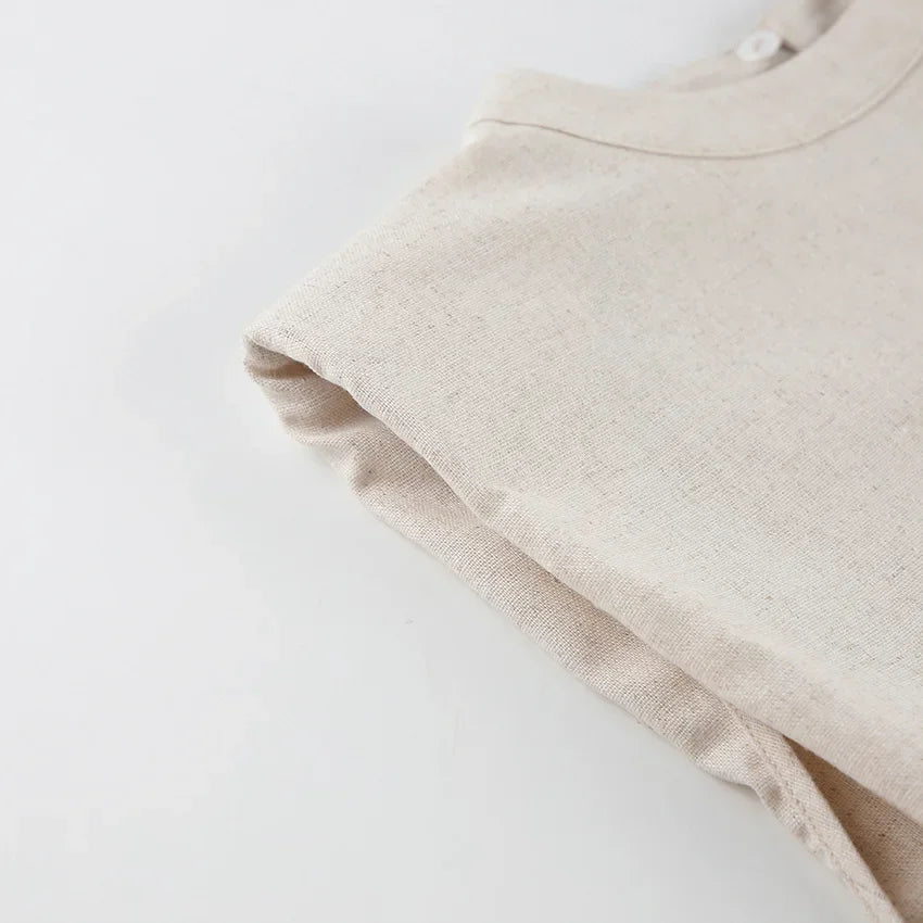 Fatos longos de linho e algodão de duas peças para mulheres, tops com cordões, cintura elástica solta, moda cáqui, férias de verão, 2024