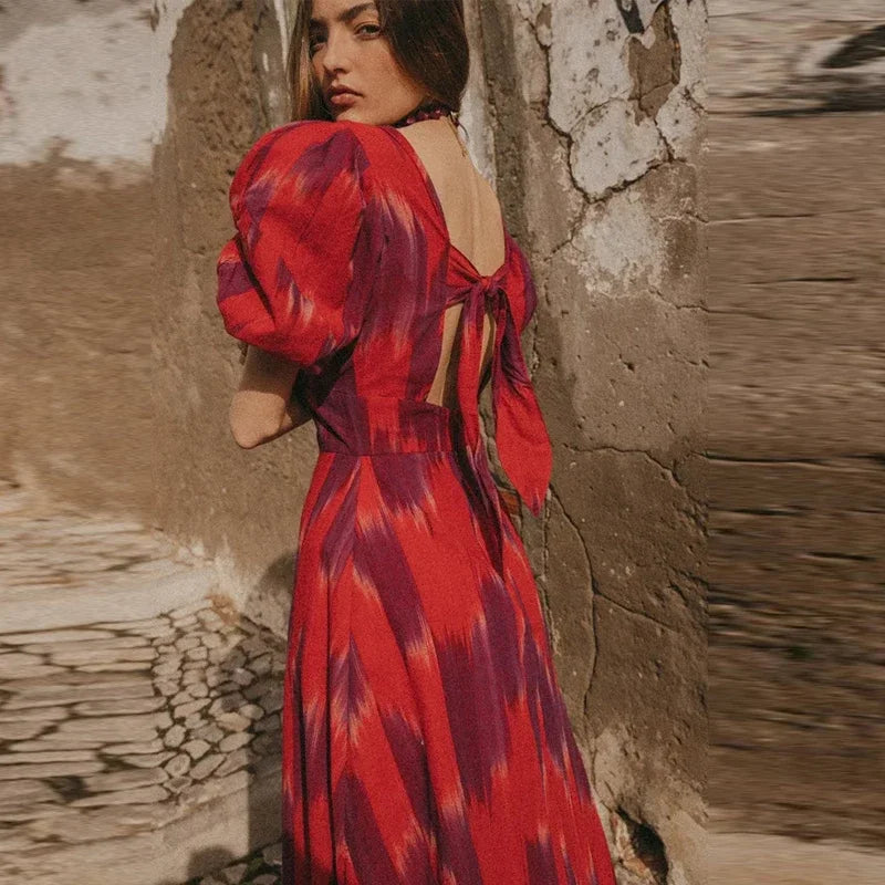 Produto Elegante vestido midi estampado sem costas feminino, gola de caixa chique, mangas puff, robe com linha A dividida, vestidos de festa femininos, verão, novo, 2022 - 1