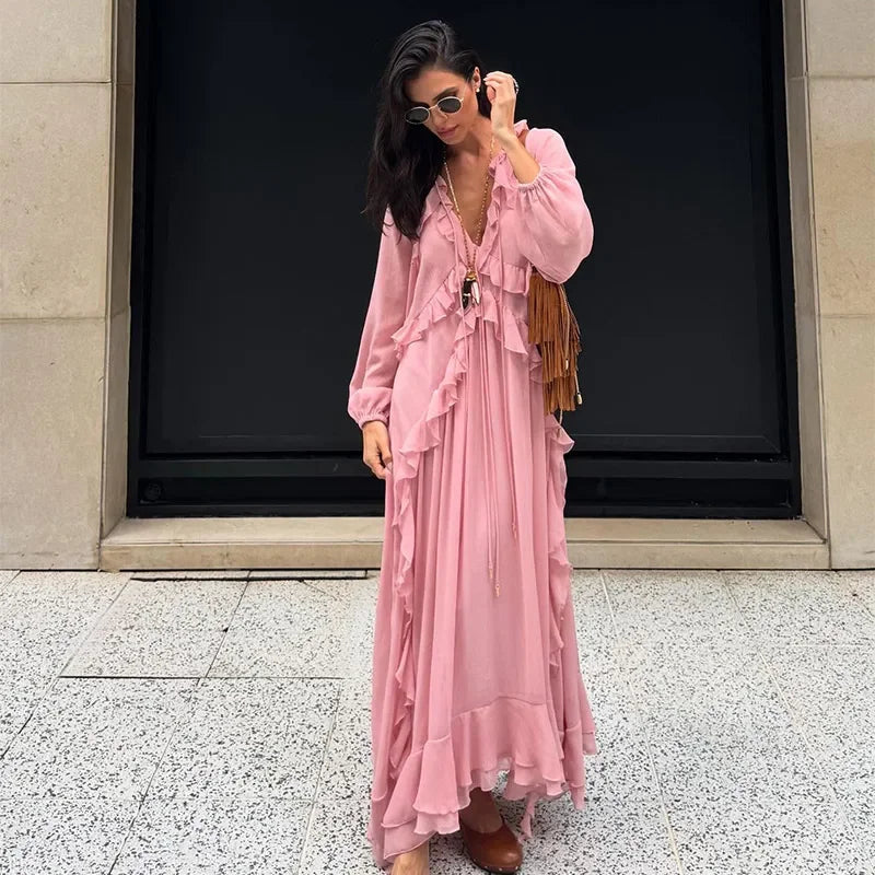 Vestido Longo de babados Rosa Boho