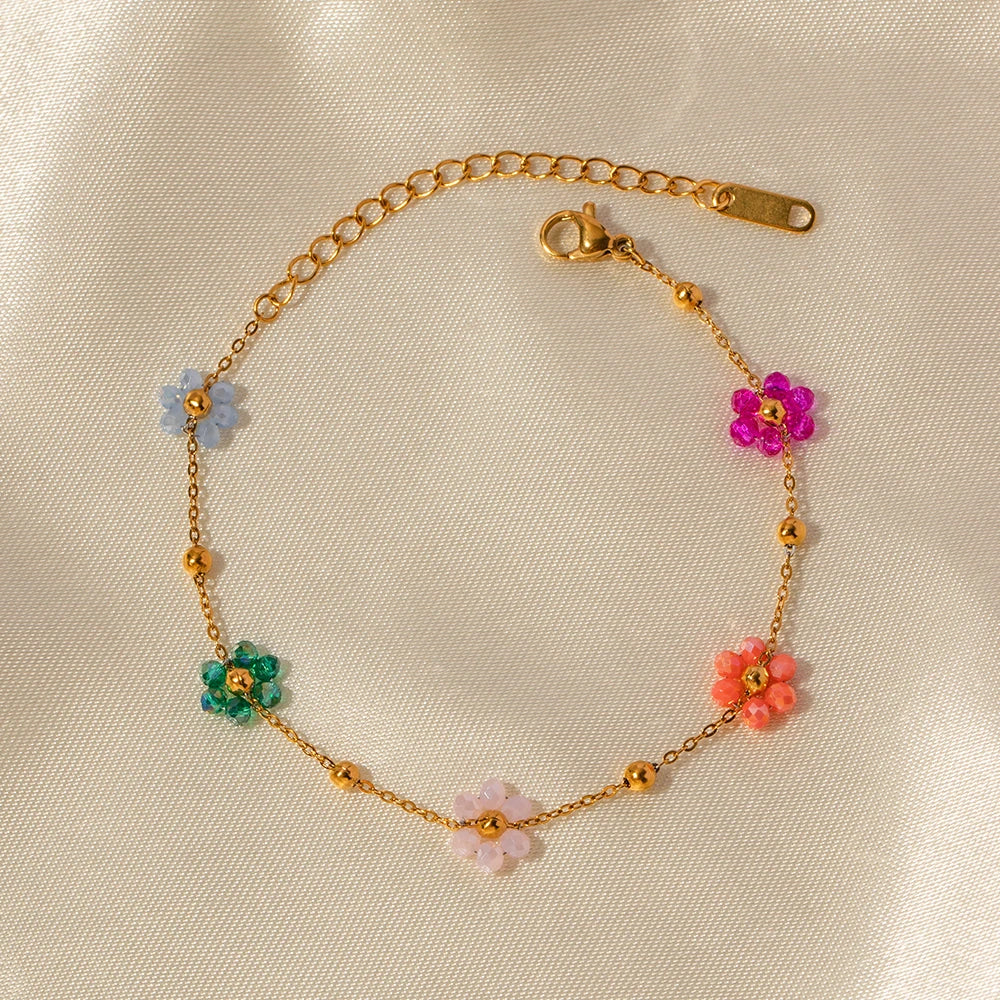 Conjunto de Pulseira e Colar de Aço Inoxidável com ouro 18k com Miçangas de Flores Coloridas de cristais