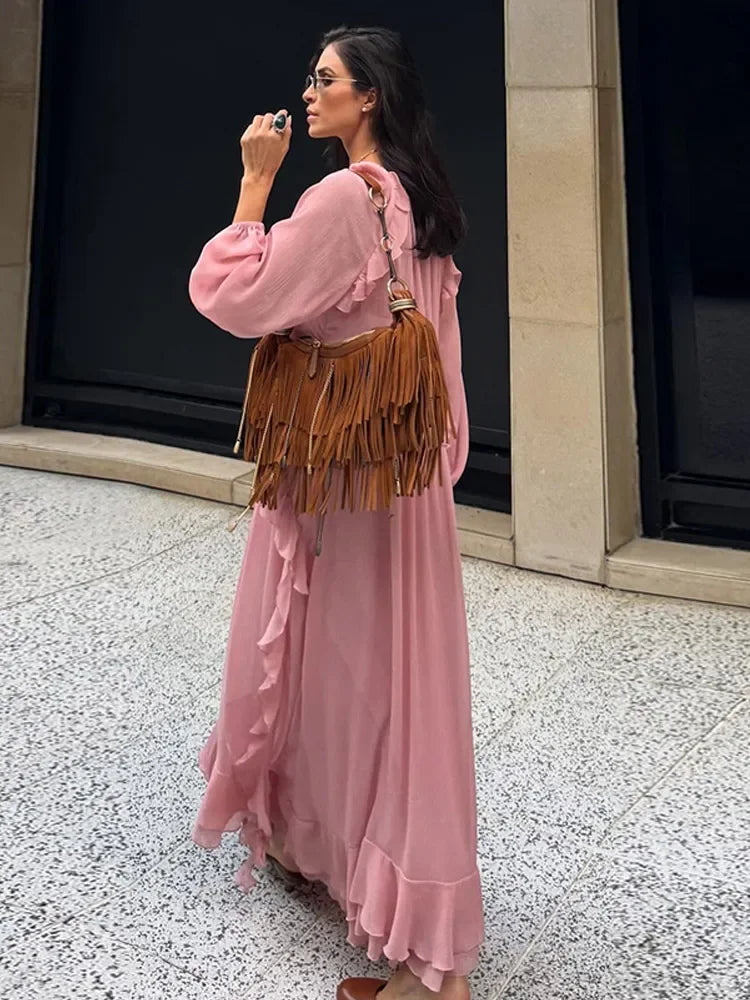 Vestido Longo de babados Rosa Boho