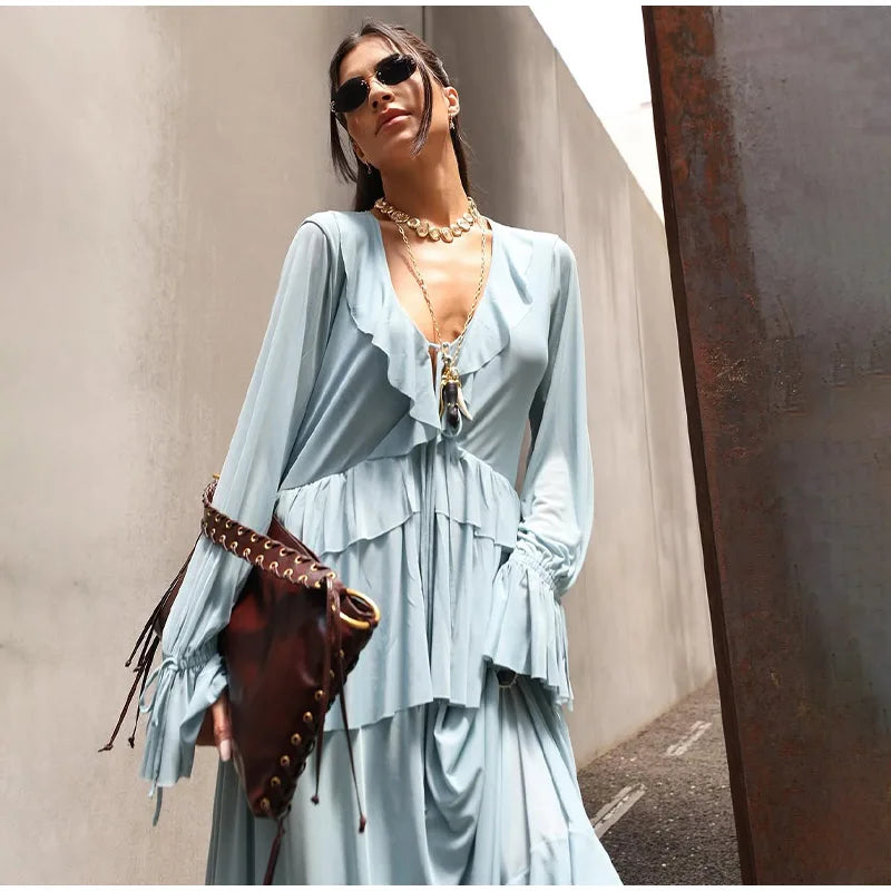 Elegante babados hem azul vestido longo moda feminina alargamento manga cheia decote em v rendas até vestidos midi verão 2025 casual férias robes