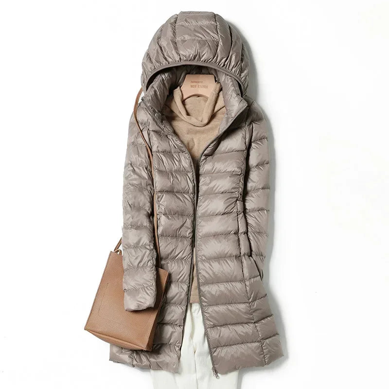 Mulheres de inverno fino para baixo casacos remover com capuz parka cor sólida feminino longo luz fina outerwear senhora moda quente puffer jaquetas
