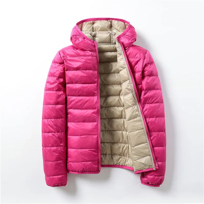 90% ultra-leve fino para baixo jaqueta feminina outono inverno dupla face curto quente pato branco para baixo casaco parka feminino portátil outerwear