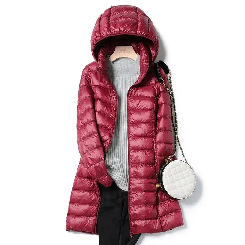 Mulheres de inverno fino para baixo casacos remover com capuz parka cor sólida feminino longo luz fina outerwear senhora moda quente puffer jaquetas