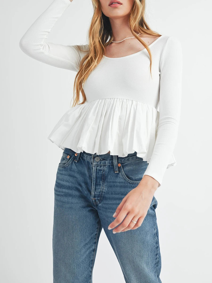 Tops Peplum de manga comprida para mulheres, cor sólida casual, bainha de babados, camisa básica, blusas para clube.