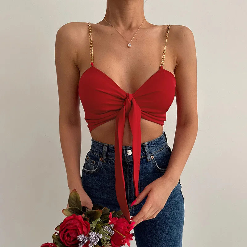 Top Cropped Vermelho com Alças de Corrente