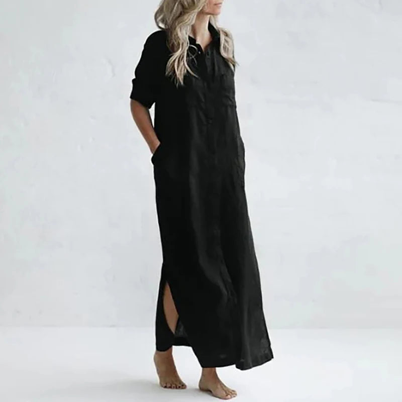 Vestido Chemise Midi de Algodão e Linho na cor preta: peça clássica e elegante para ter no guarda-roupa. Ideal para qualquer ocasião. Encontre aqui na loja Klohe.