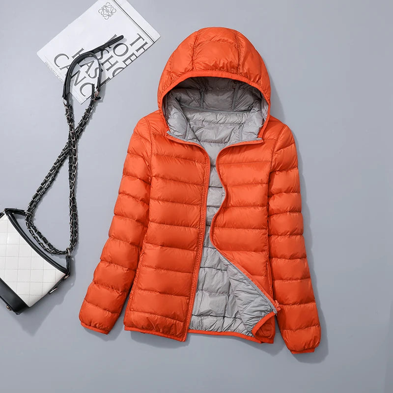 90% ultra-leve fino para baixo jaqueta feminina outono inverno dupla face curto quente pato branco para baixo casaco parka feminino portátil outerwear