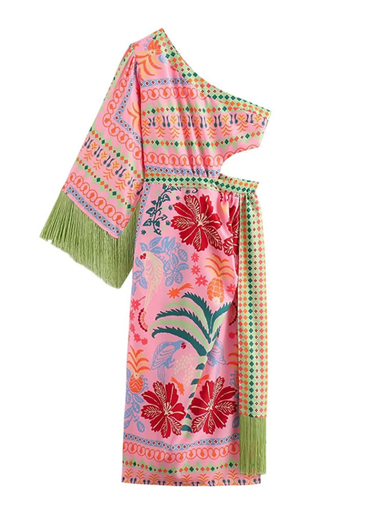 Vestido Midi Feminino de Ombro Único com Franjas