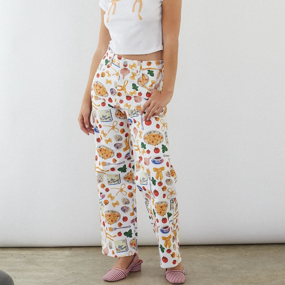 Calça Jeans Feminina Estampada de Frutas