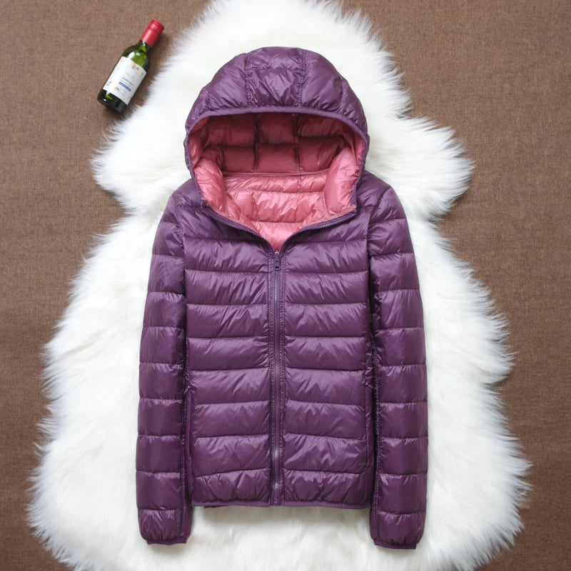 90% ultra-leve fino para baixo jaqueta feminina outono inverno dupla face curto quente pato branco para baixo casaco parka feminino portátil outerwear