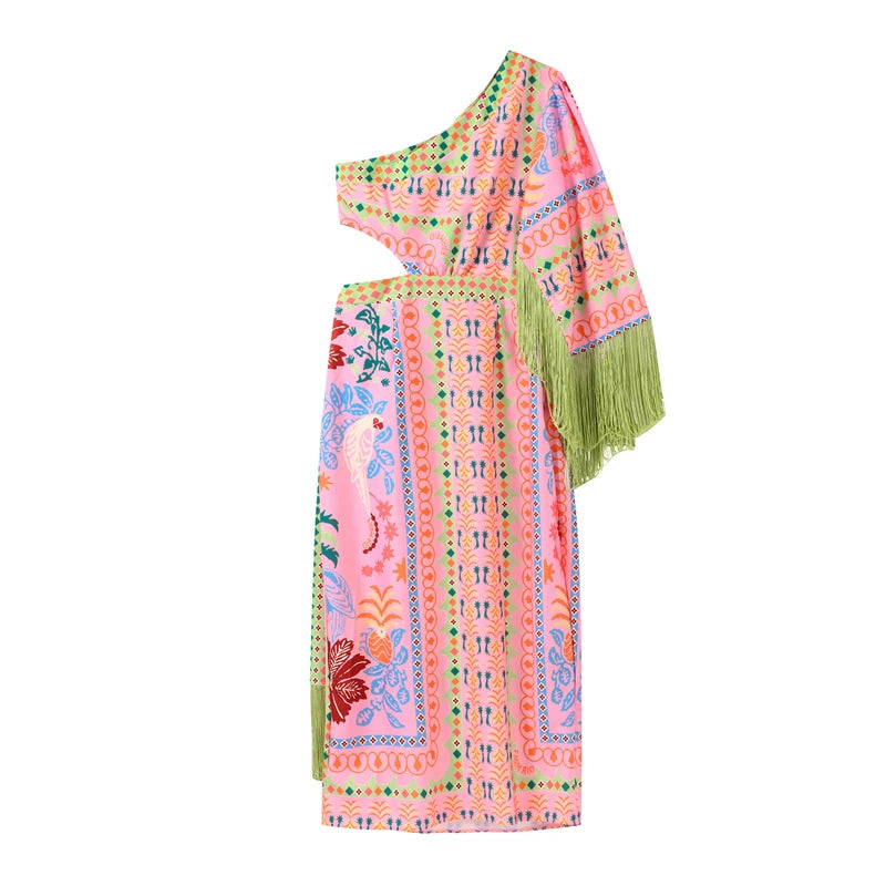 Vestido Midi Feminino de Ombro Único com Franjas