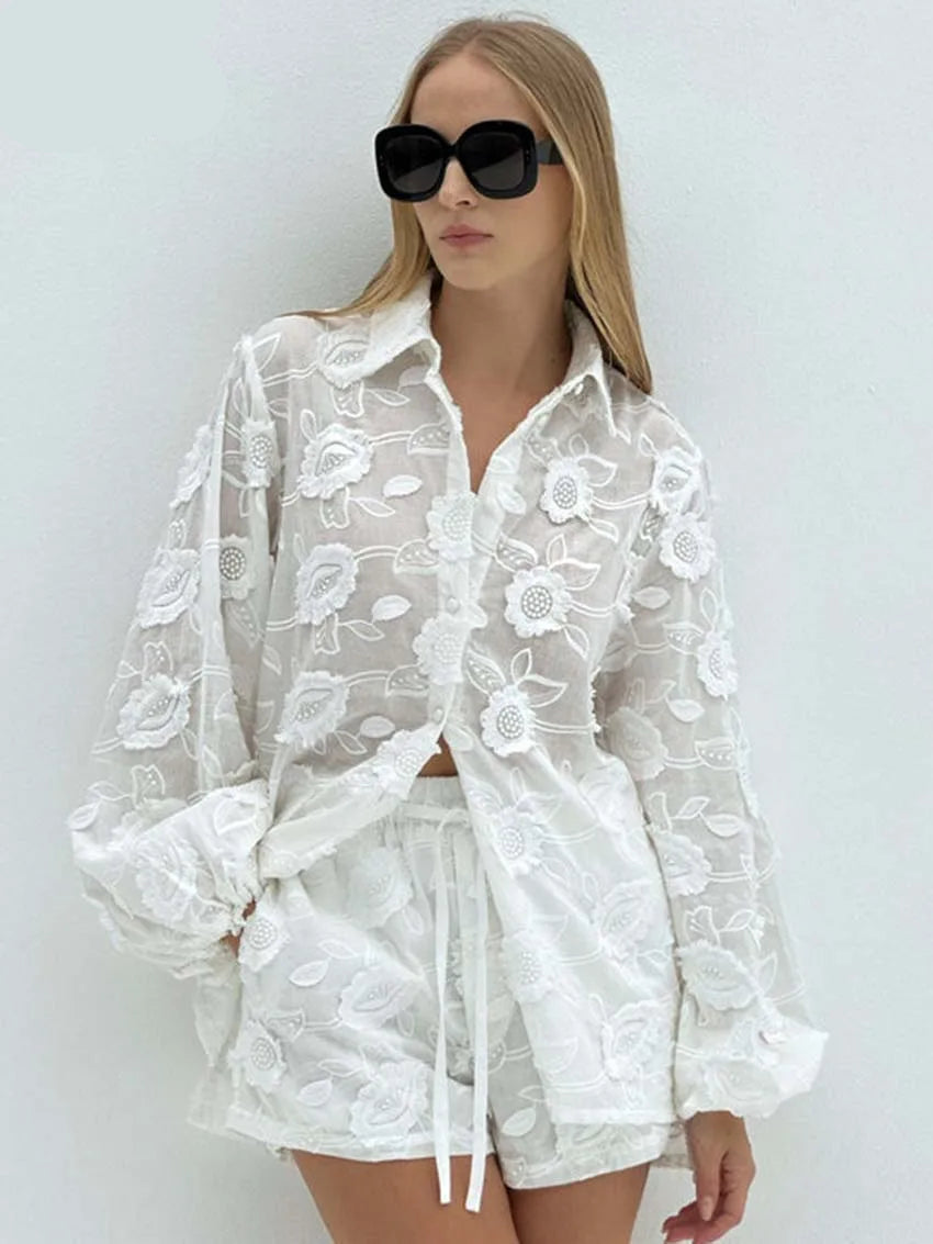 Conjunto de Algodão Branco com Botões Jacquard