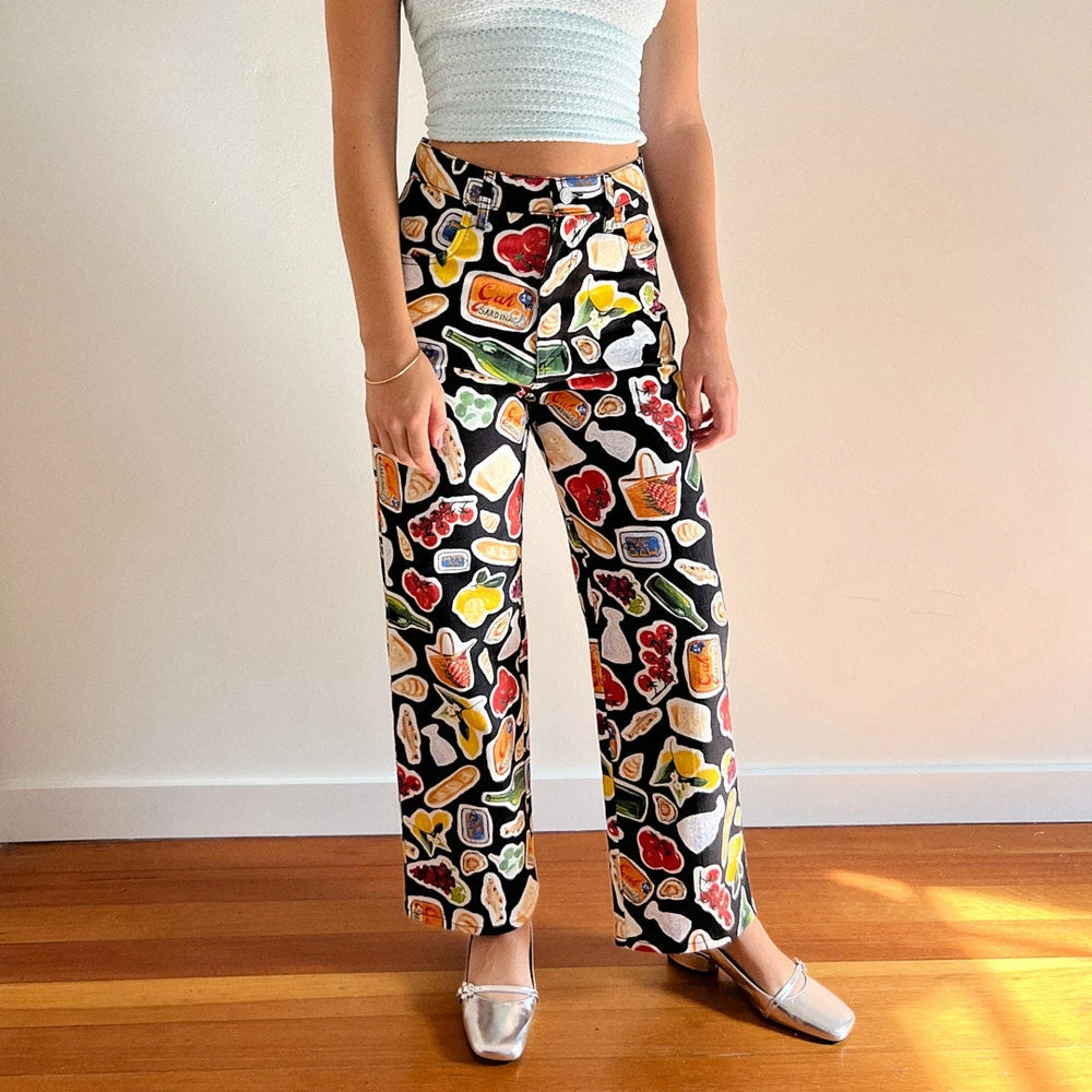 Calça Jeans Feminina Estampada de Frutas