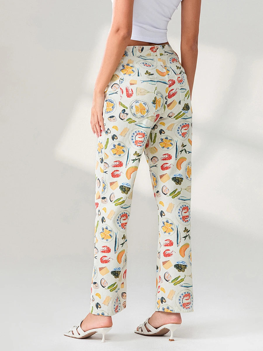 Calça Jeans Feminina Estampada de Frutas