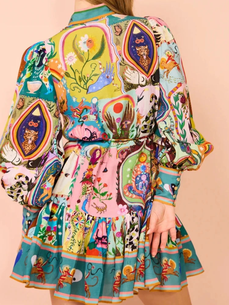 Vestido Camisa Estampado com Manga Puff