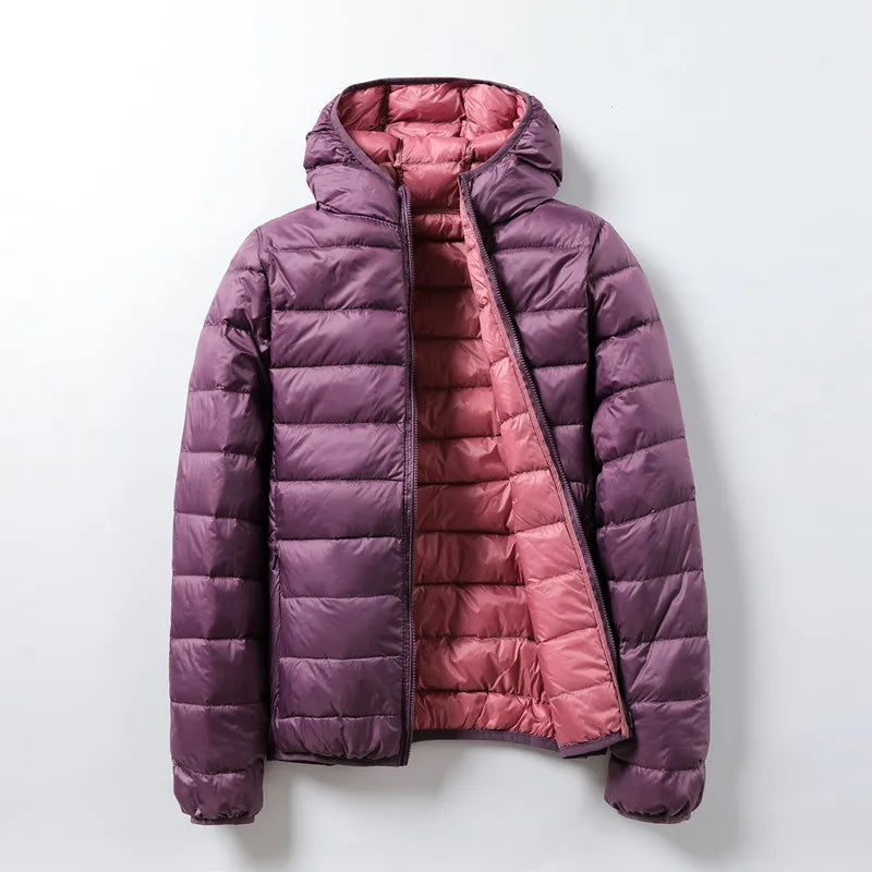 90% ultra-leve fino para baixo jaqueta feminina outono inverno dupla face curto quente pato branco para baixo casaco parka feminino portátil outerwear