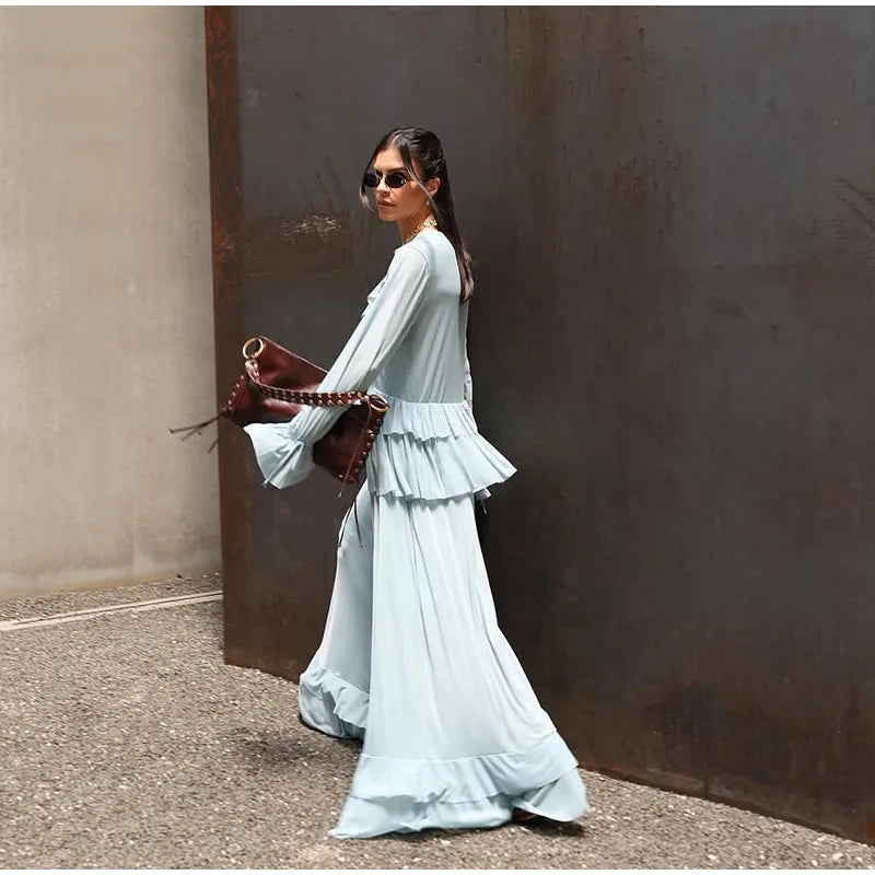 Elegante babados hem azul vestido longo moda feminina alargamento manga cheia decote em v rendas até vestidos midi verão 2025 casual férias robes