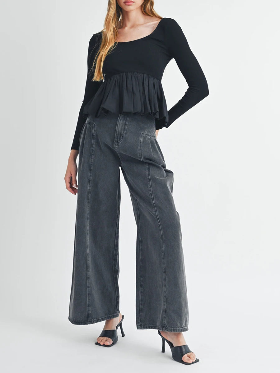 Tops Peplum de manga comprida para mulheres, cor sólida casual, bainha de babados, camisa básica, blusas para clube.