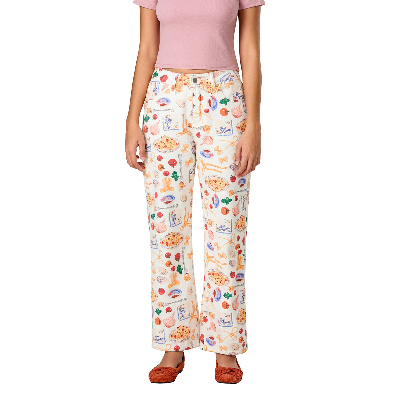 Calça Jeans Feminina Estampada de Frutas