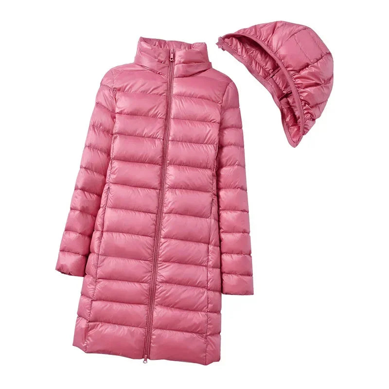 Mulheres de inverno fino para baixo casacos remover com capuz parka cor sólida feminino longo luz fina outerwear senhora moda quente puffer jaquetas