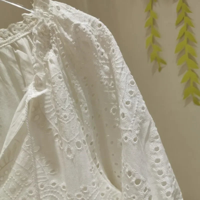 Vestido Longo Laise de Algodão bordado corações e manga puff