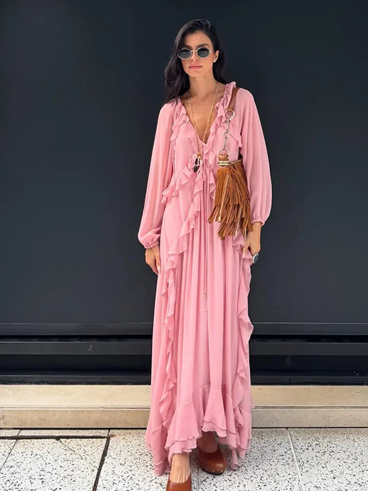 Vestido Longo de babados Rosa Boho