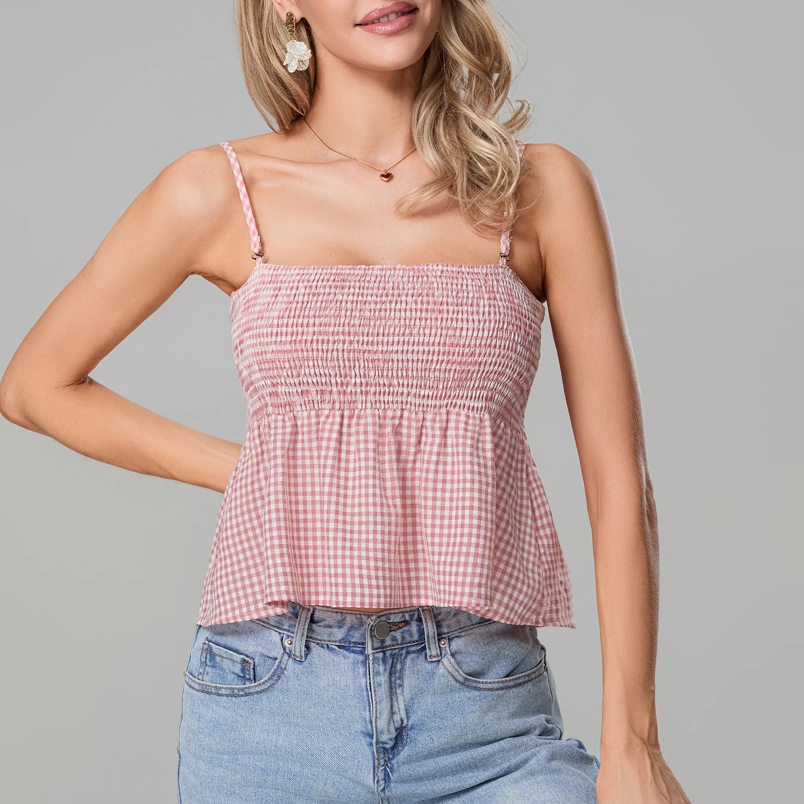 Blusa Peplum Xadrez com Alças Finas