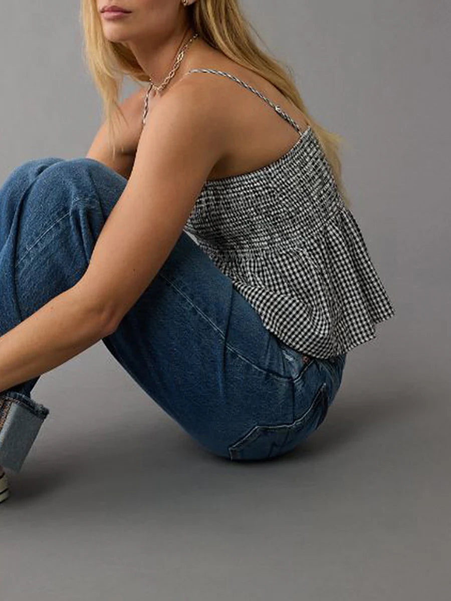 Blusa Peplum Xadrez com Alças Finas