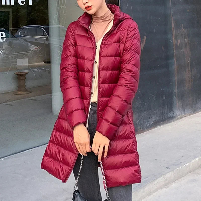 Mulheres de inverno fino para baixo casacos remover com capuz parka cor sólida feminino longo luz fina outerwear senhora moda quente puffer jaquetas