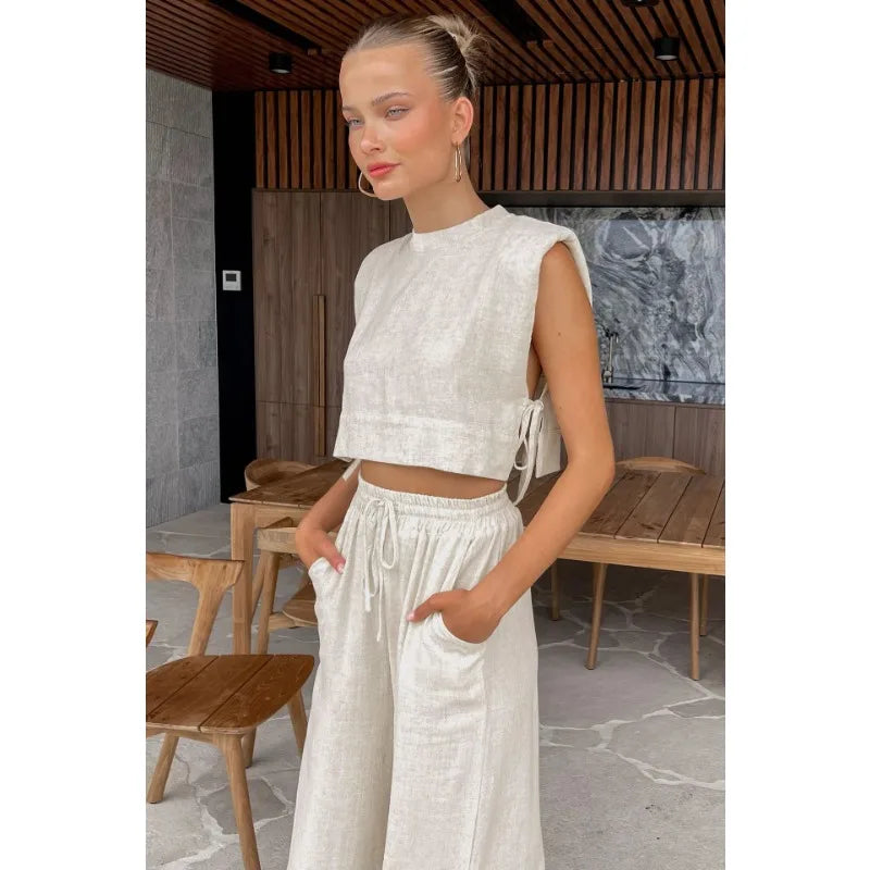 Fatos longos de linho e algodão de duas peças para mulheres, tops com cordões, cintura elástica solta, moda cáqui, férias de verão, 2024