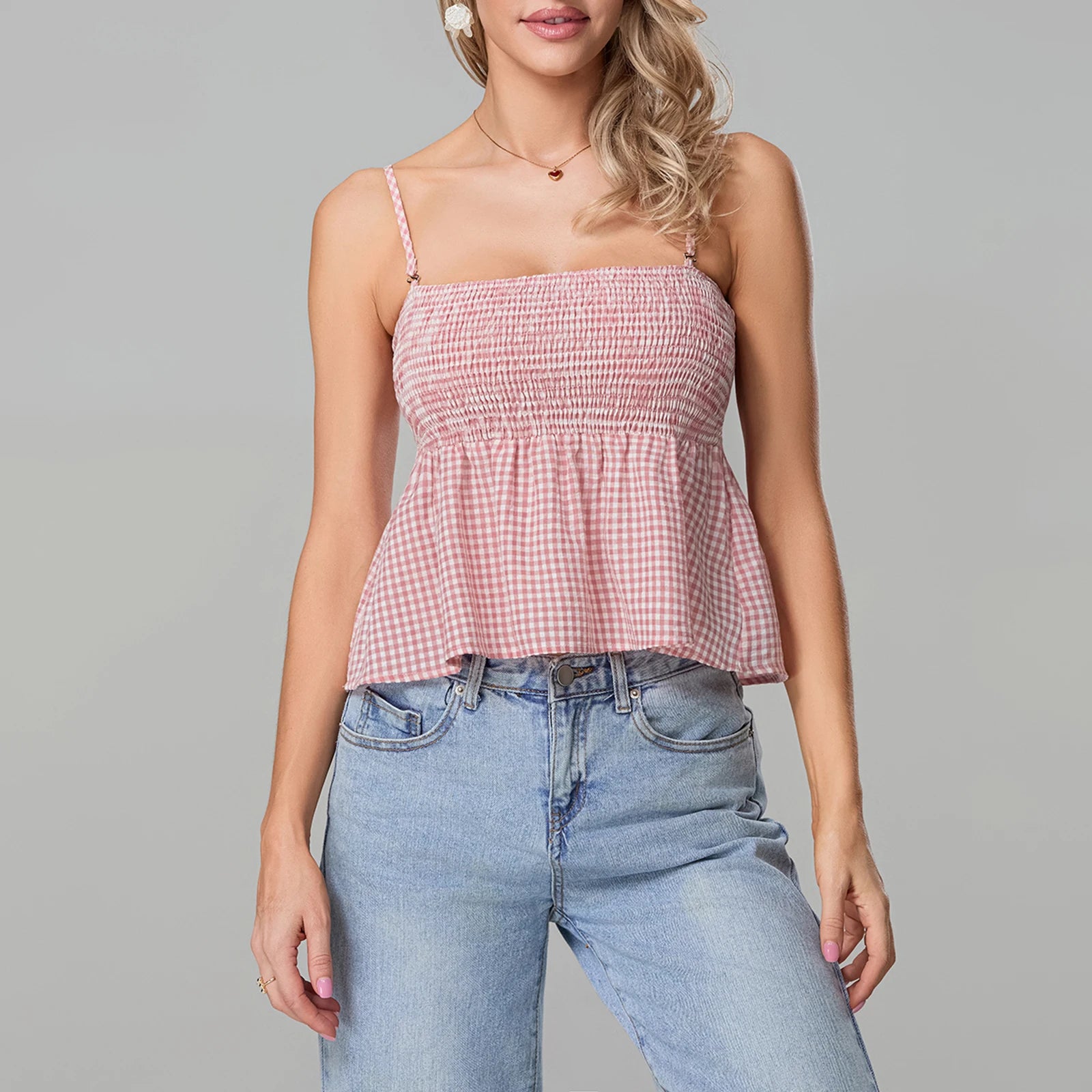 Blusa Peplum Xadrez com Alças Finas