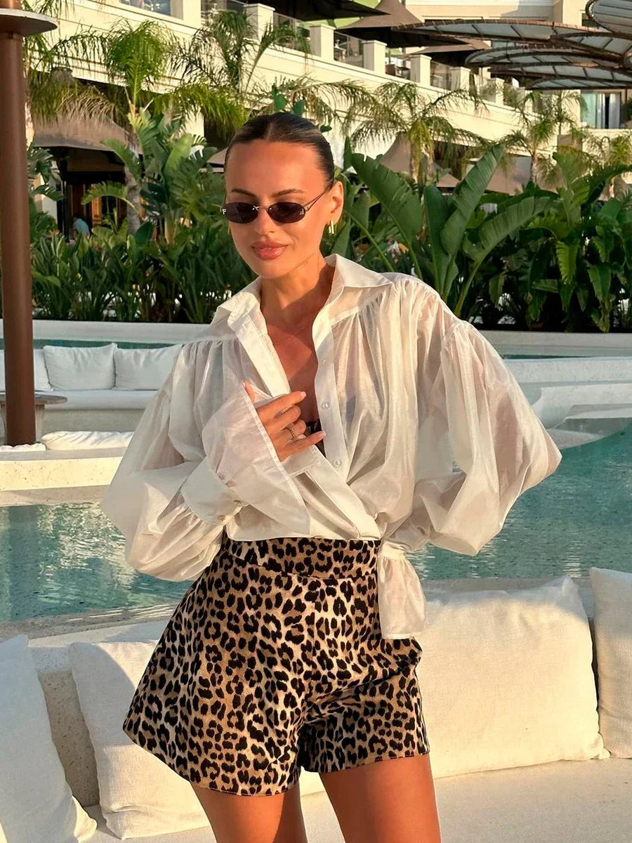 Shorts Femininos de Algodão com Estampa de Leopardo