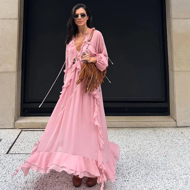 Vestido Longo de babados Rosa Boho