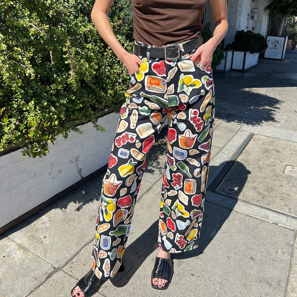 Calça Jeans Feminina Estampada de Frutas