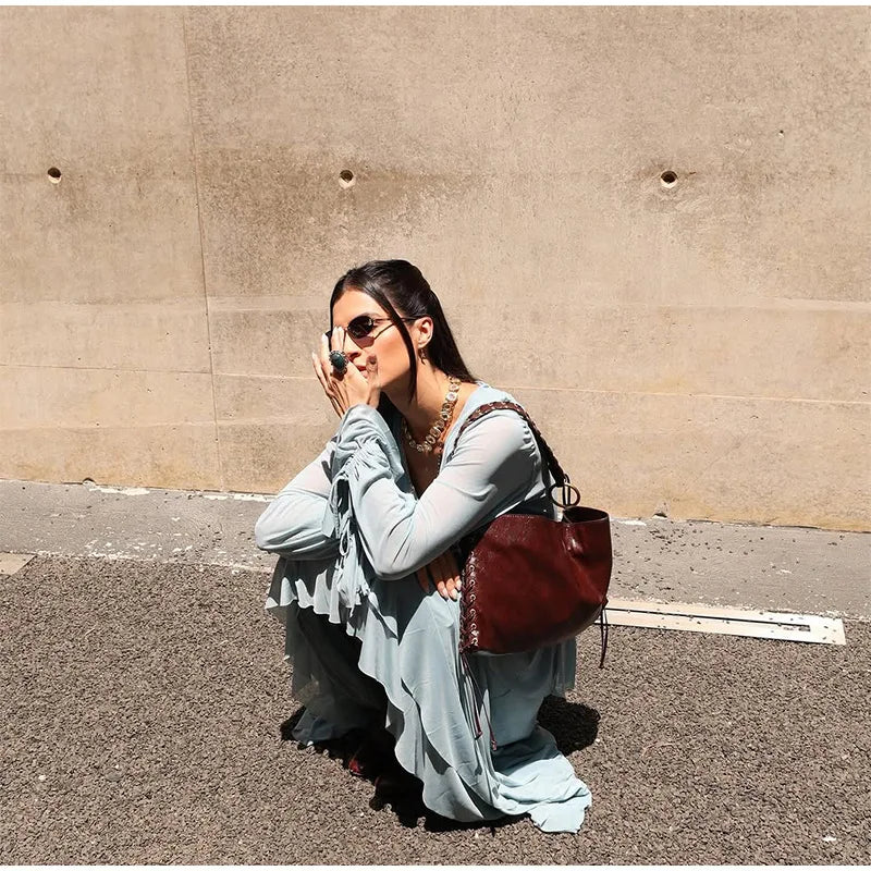 Elegante babados hem azul vestido longo moda feminina alargamento manga cheia decote em v rendas até vestidos midi verão 2025 casual férias robes