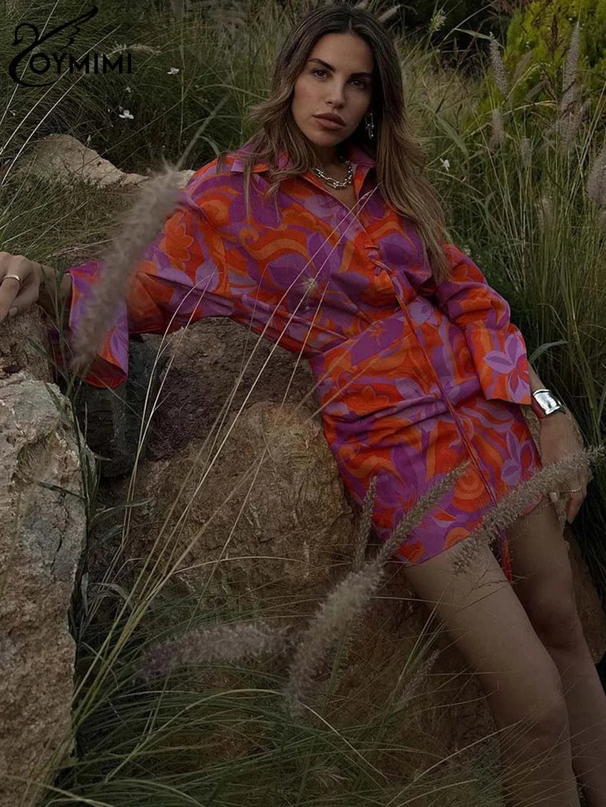 Produto OYMIMI-Conjunto de mini saias e camisas com renda de manga comprida para mulheres, roupa reta, estampa laranja, cintura alta, moda elegante, 2 peças - 1