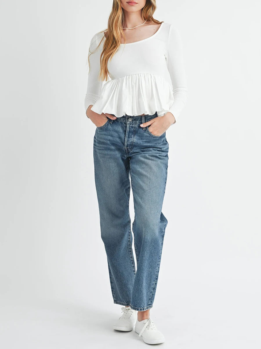 Produto Hirigin-Tops Peplum de manga comprida para mulheres, cor sólida casual, bainha babada, camisa básica, blusas para clube, roupas estéticas - 1