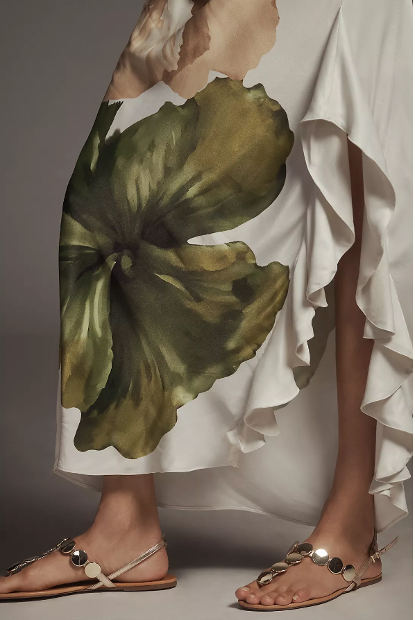 Vestido Chérie Longo de Alça Única e Abertura Lateral de Babados