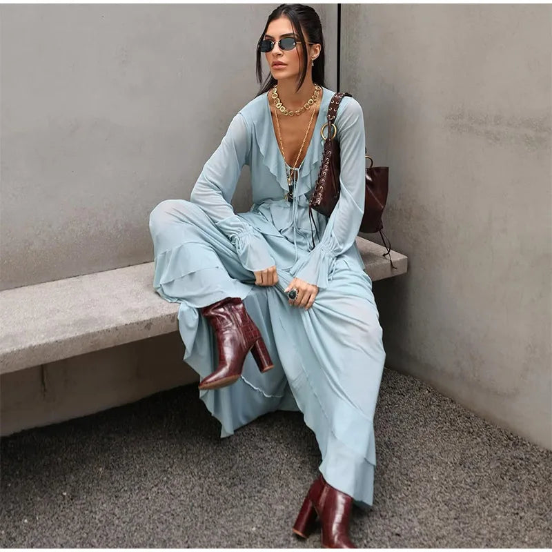 Elegante babados hem azul vestido longo moda feminina alargamento manga cheia decote em v rendas até vestidos midi verão 2025 casual férias robes