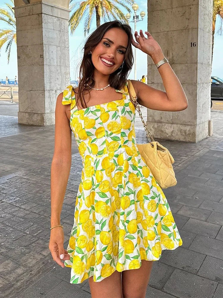 Vestido Feminino Estampado de Limão com Alças