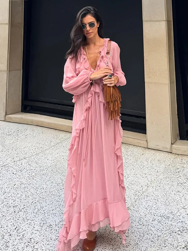 Vestido Longo de babados Rosa Boho