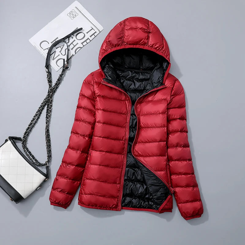 90% ultra-leve fino para baixo jaqueta feminina outono inverno dupla face curto quente pato branco para baixo casaco parka feminino portátil outerwear