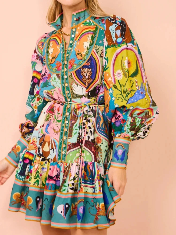 Vestido Camisa Estampado com Manga Puff